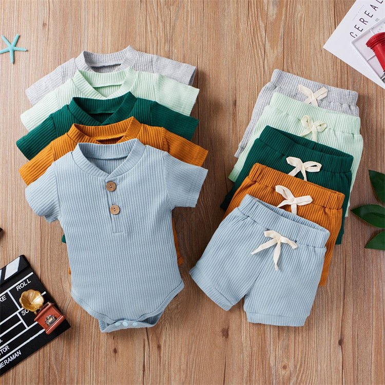 Baby Clothes Wholesale Children Suit Kids Sets Cotton Short Sleeve Rib Solid Shorts Two-Piece Outfits Baby Clothing Set