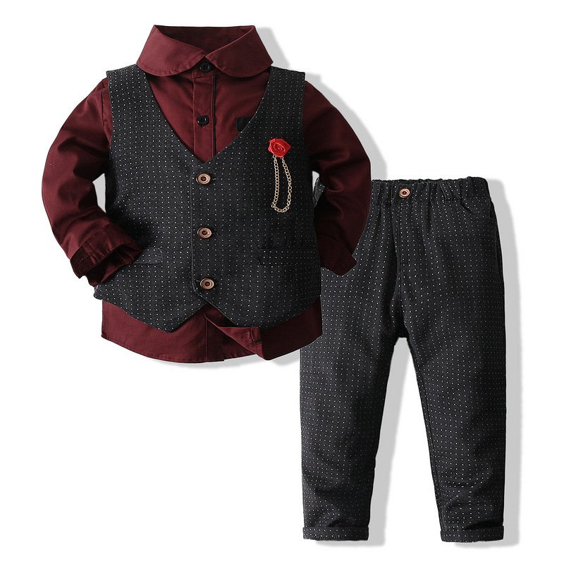 New Boy Host Dress Suit Spring Children's Clothes Long-sleeve Shirt Vest Pant Three-piece Clothing Sets with Corsage Accessory