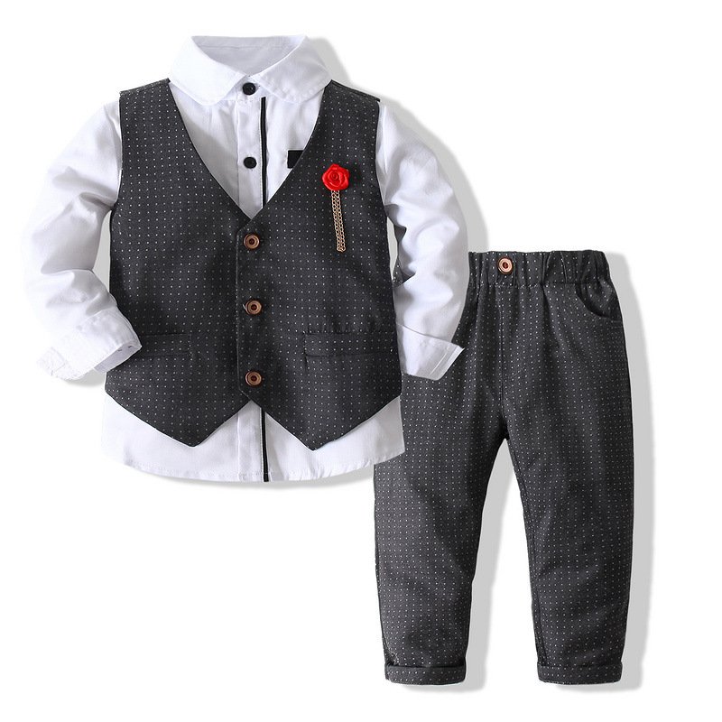 New Boy Host Dress Suit Spring Children's Clothes Long-sleeve Shirt Vest Pant Three-piece Clothing Sets with Corsage Accessory