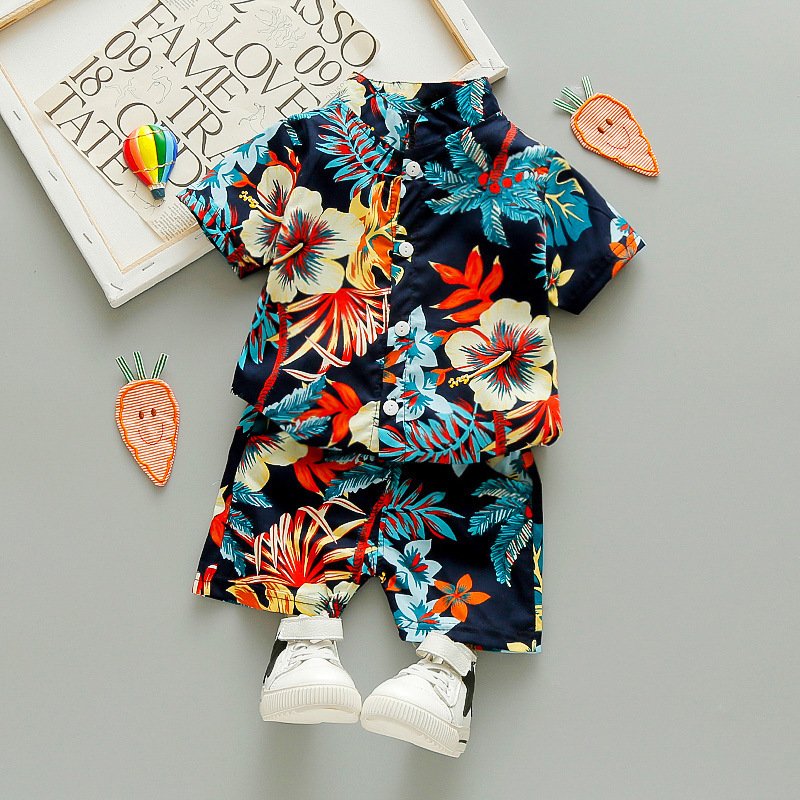 New Summer baby boy Wear Floral Print Short Sleeve Shirt Collar Tops Shorts 2Pcs Suit Kids Boys Clothes Sets for 2-3 years boy