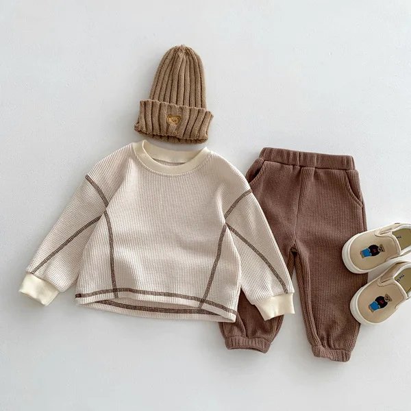 Autumn Boys And Girls' Long Sleeve Casual Loose Waffle Top 2pcs Set Toddler Baby Pullover Sweatshirt Set Clothing Sets