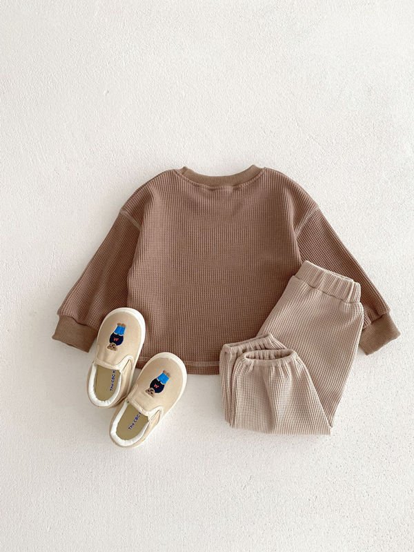 Autumn Boys And Girls' Long Sleeve Casual Loose Waffle Top 2pcs Set Toddler Baby Pullover Sweatshirt Set Clothing Sets