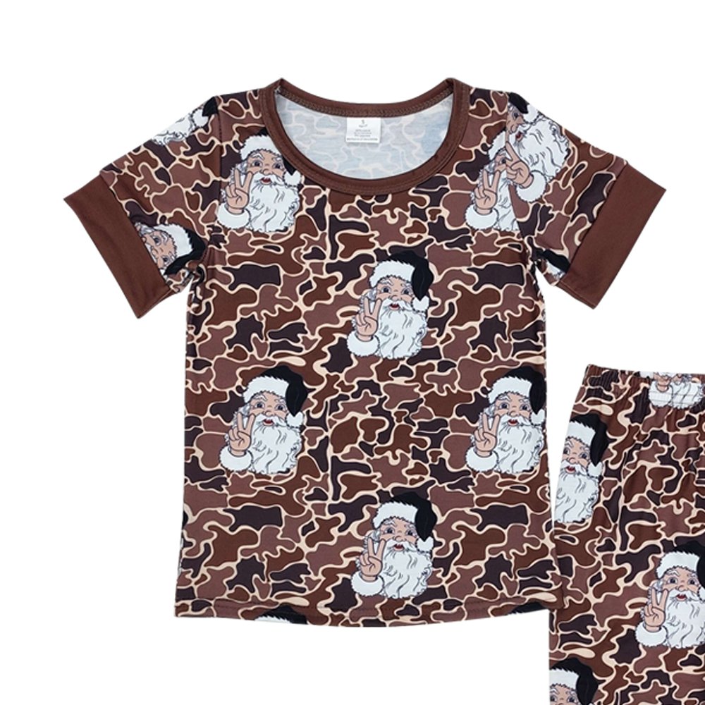 high quality short sleeve Christmas Santa camo printed bamboo brown Pajamas girls Outfit Boutique Wholesale kids clothing