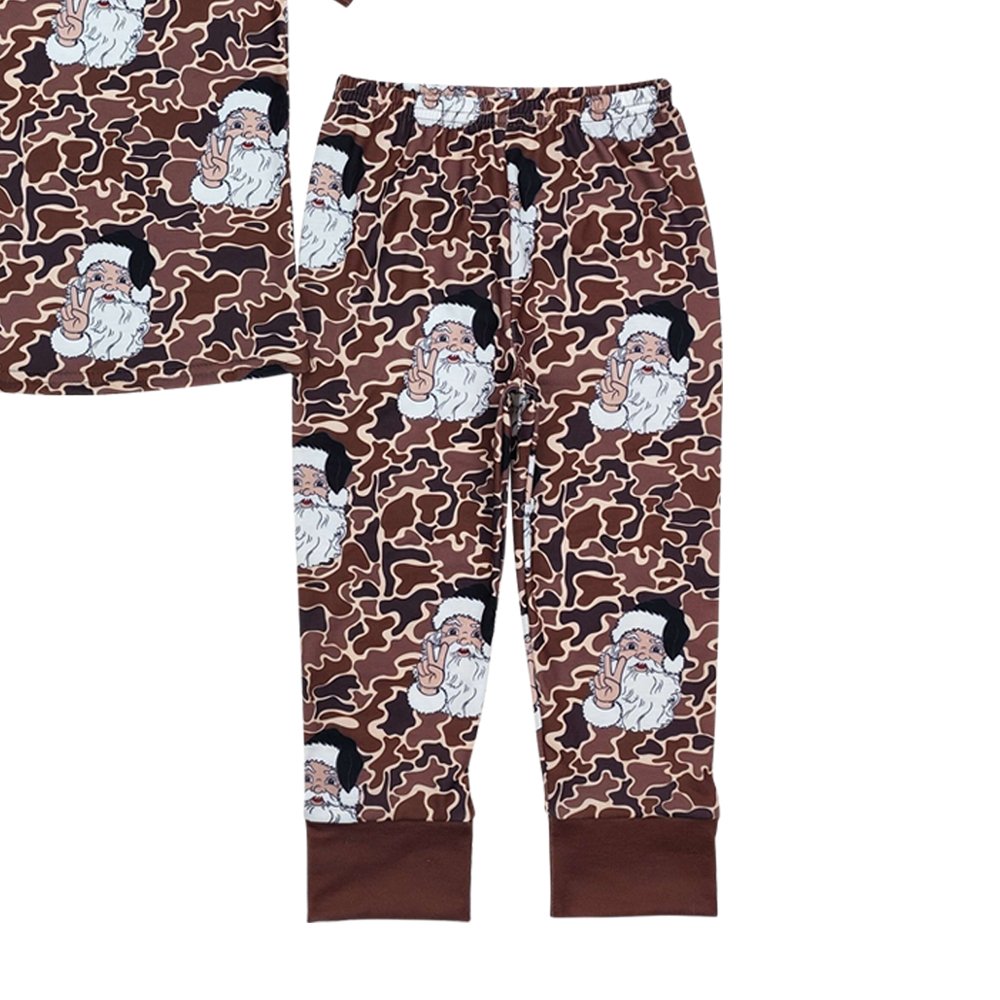 high quality short sleeve Christmas Santa camo printed bamboo brown Pajamas girls Outfit Boutique Wholesale kids clothing