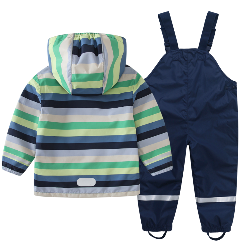 In stock Spring and autumn boys raincoat and rain pants set, top with hooded waterproof jacket, bottom with rain pants