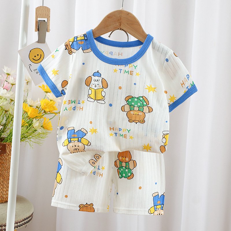 short sleeve baby boy summer sets Crew neck cartoon print baby boy clothing sets 1 years cotton baby girls two piece set