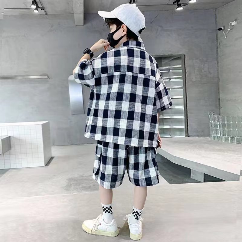 2023 New Style Boys' Plaid Shirt Turn-Down Collar Short Sleeve Boys' Casual Clothes