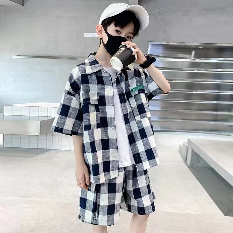 2023 New Style Boys' Plaid Shirt Turn-Down Collar Short Sleeve Boys' Casual Clothes