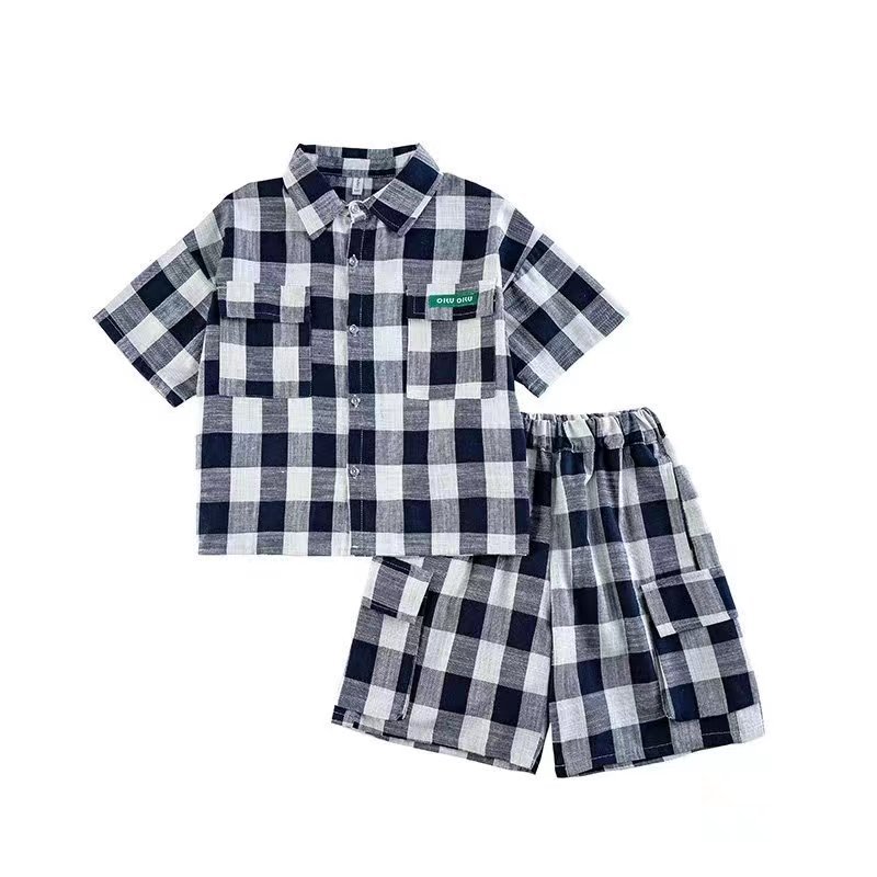 2023 New Style Boys' Plaid Shirt Turn-Down Collar Short Sleeve Boys' Casual Clothes
