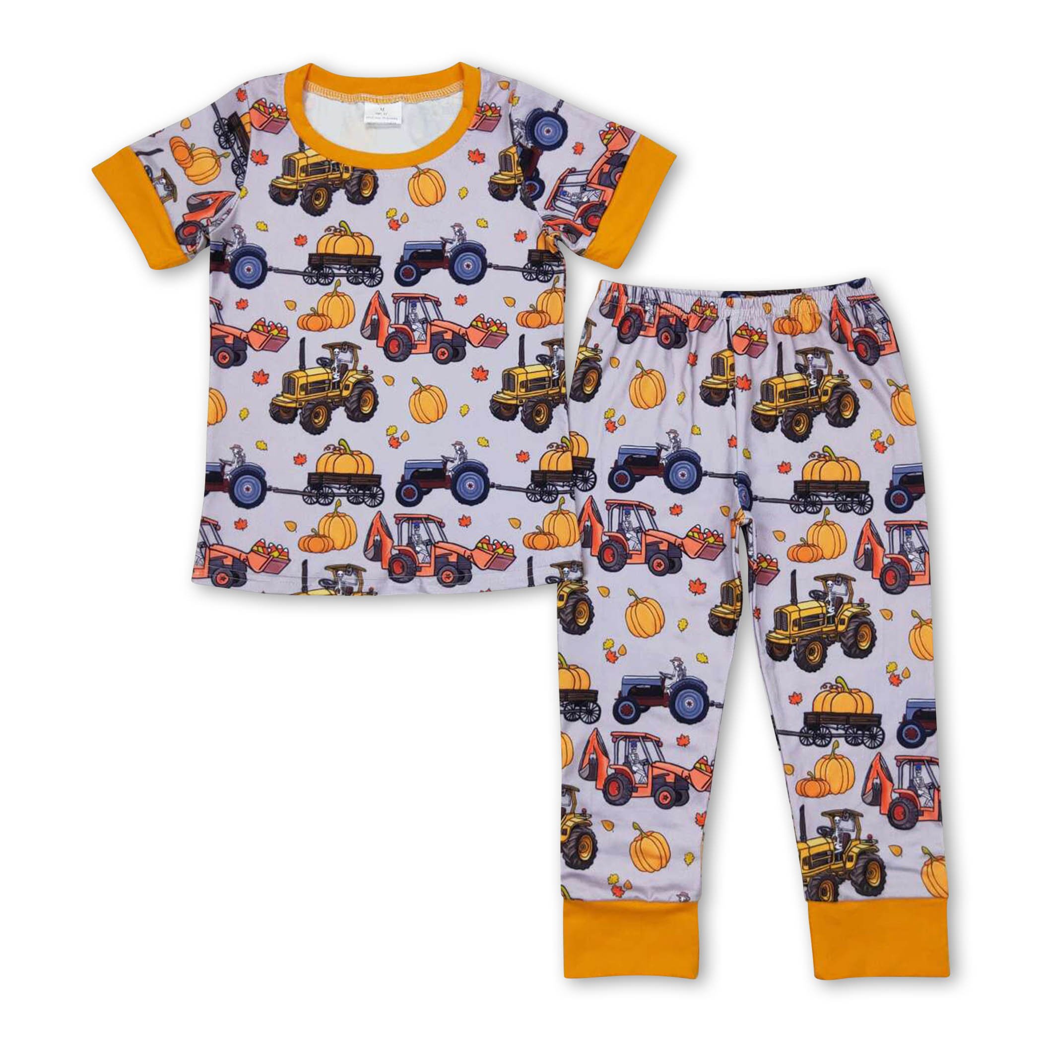 BSPO0422 Vintage clothe print truck pumpkin short sleeve top pattern long pantsuit western boys clothing set