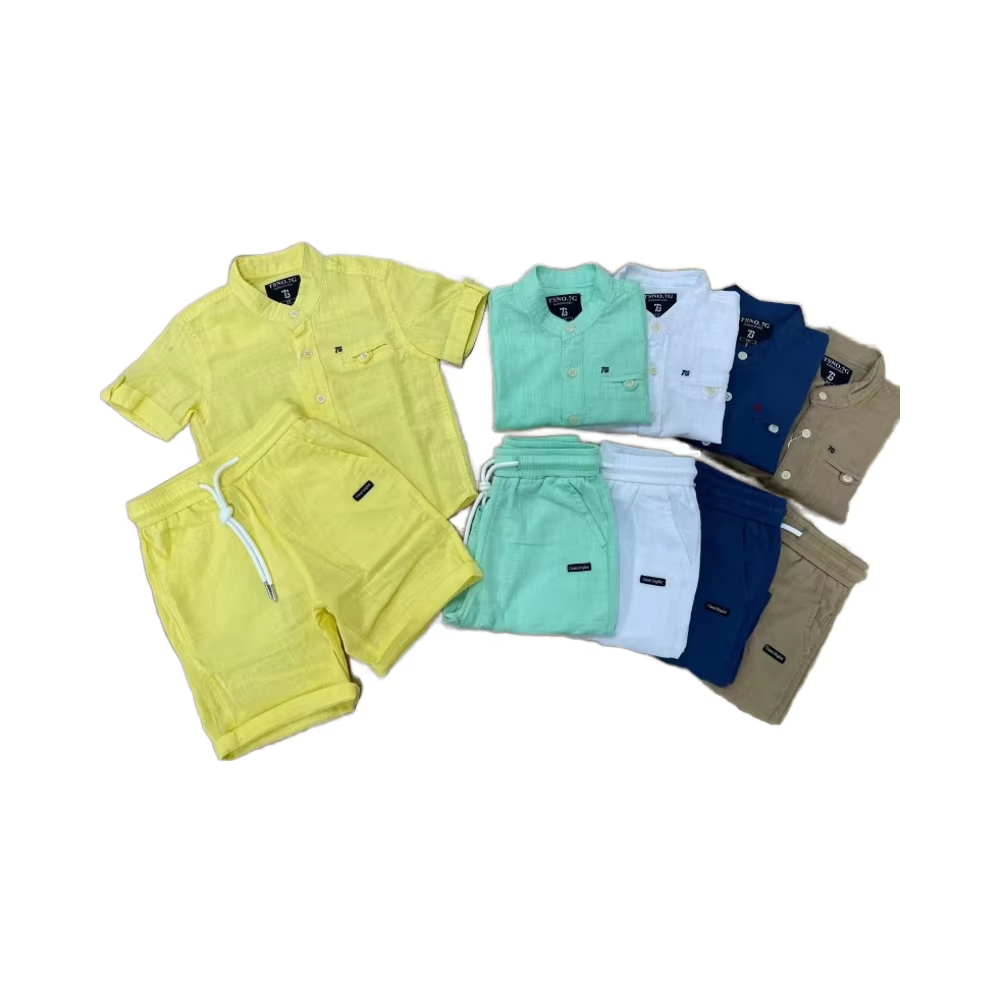 Organic kids linen set custom boys color and round collar summer set button set kids cotton shirts with shorts children's