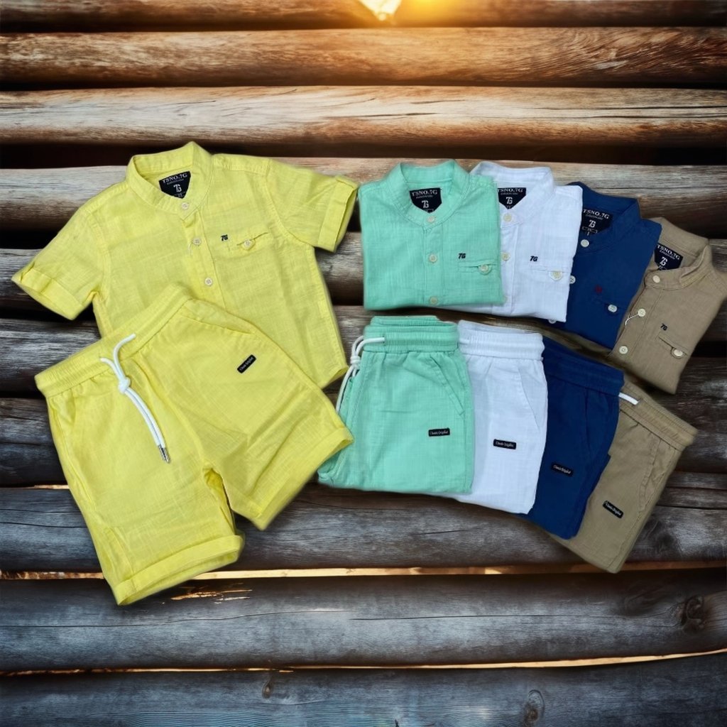 Organic kids linen set custom boys color and round collar summer set button set kids cotton shirts with shorts children's