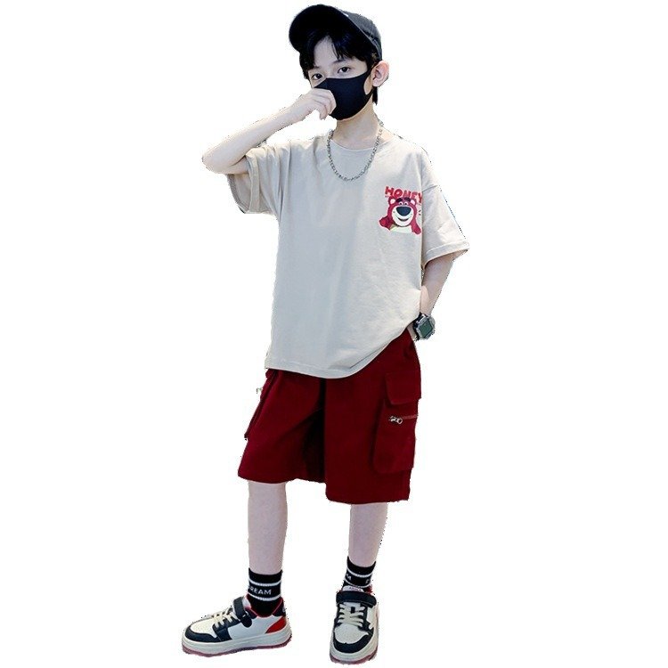 Boys Summer Set Casual Children Short Sleeve T-Shirt Cargo Shorts 2 Piece Set Teenagers Boys Clothing