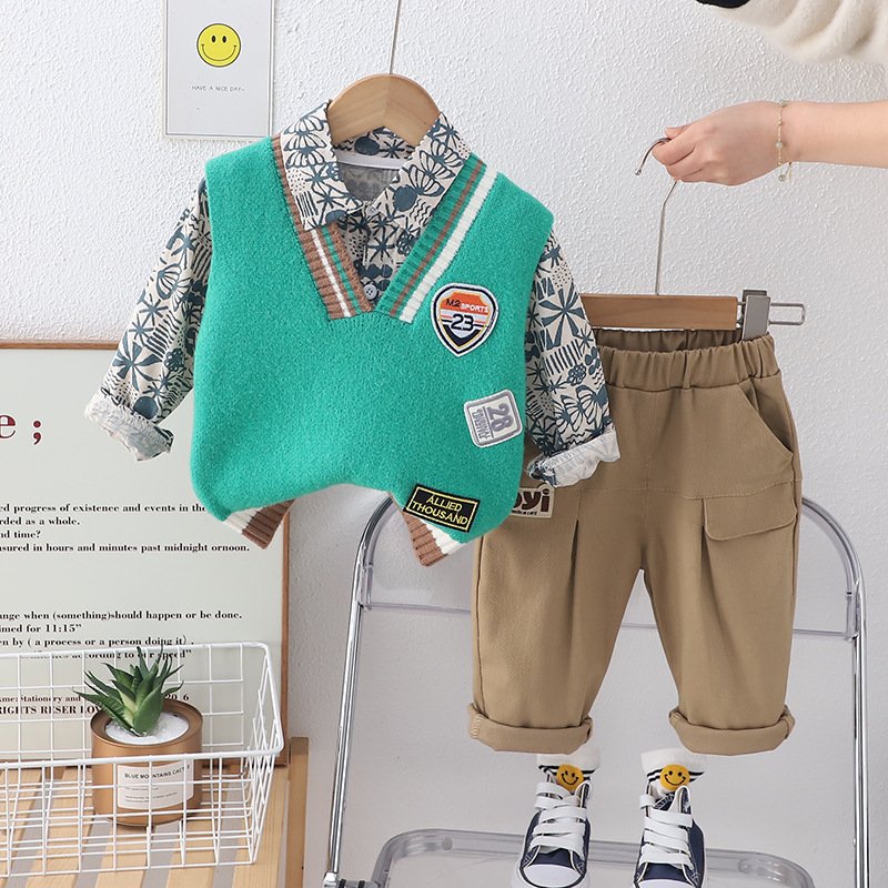 2024 Fashionable Spring Autumn Kids 3pcs Suits Shirt+Knitted Vest+Pants Casual Boys Clothing Sets