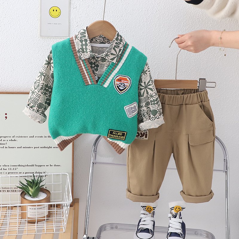 2024 Fashionable Spring Autumn Kids 3pcs Suits Shirt+Knitted Vest+Pants Casual Boys Clothing Sets