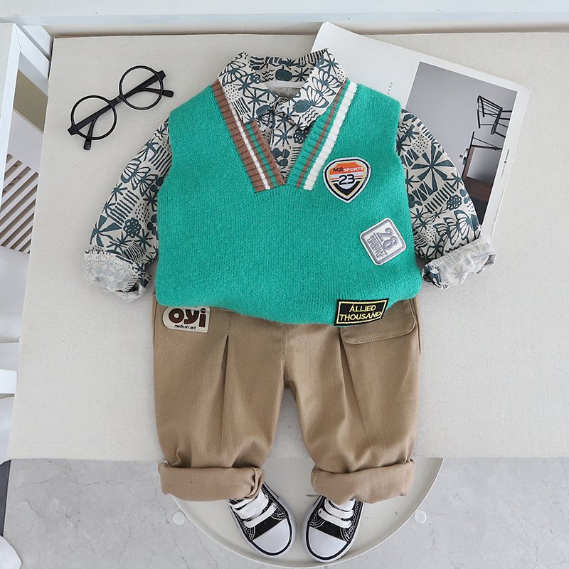 2024 Fashionable Spring Autumn Kids 3pcs Suits Shirt+Knitted Vest+Pants Casual Boys Clothing Sets