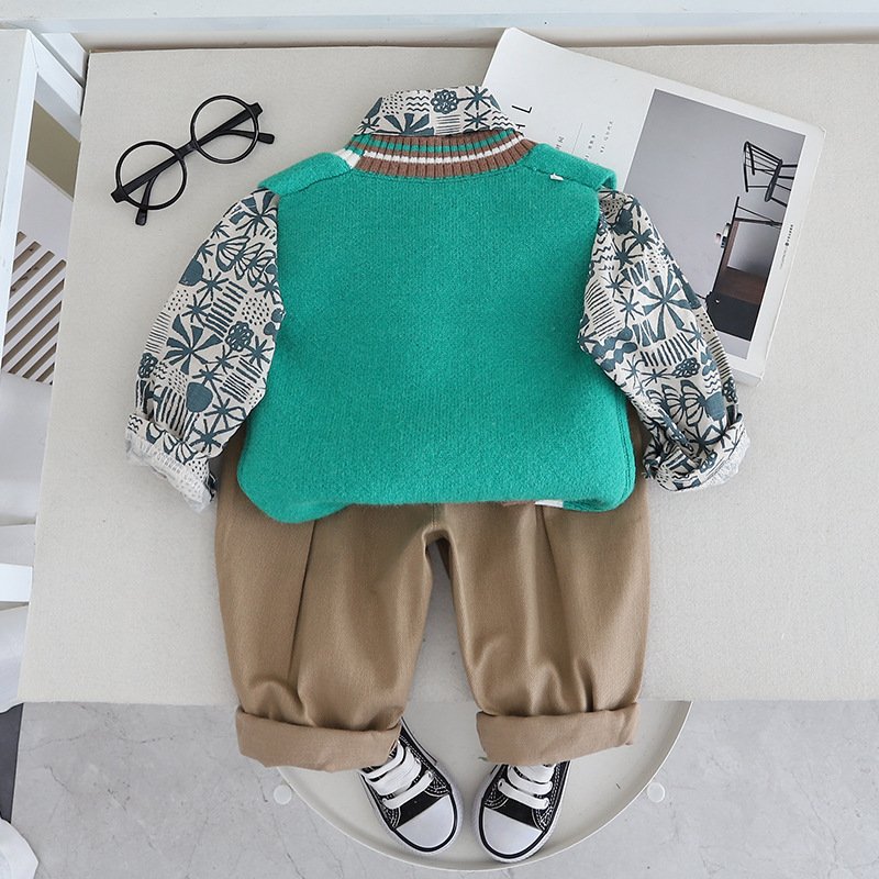 2024 Fashionable Spring Autumn Kids 3pcs Suits Shirt+Knitted Vest+Pants Casual Boys Clothing Sets