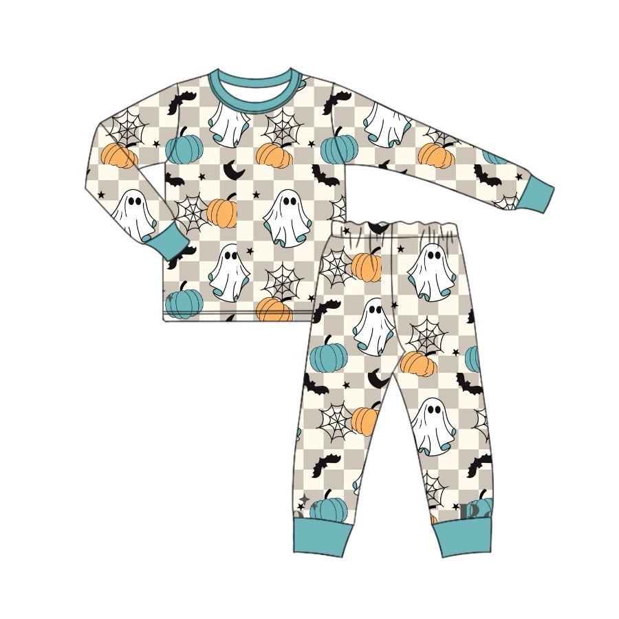 Pre order western baby boy clothes halloween checkered ghost pumpkin loungewear set pajama kids boy autumn boutique clothing