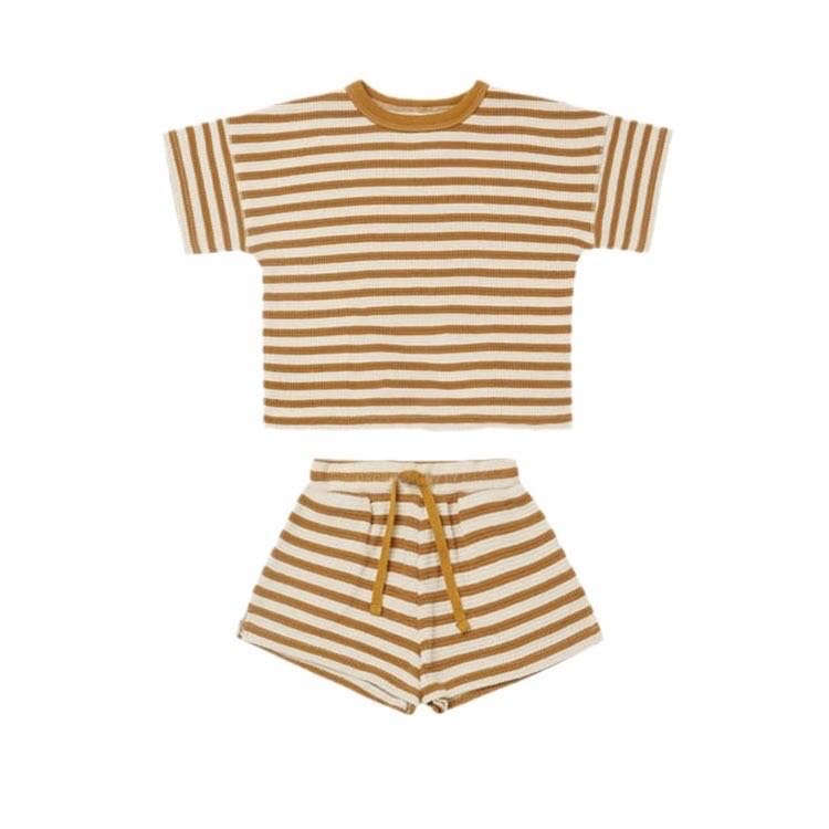 Summer boy children clothing short sleeve shorts 2Pcs set striped waffle cotton baby clothing set