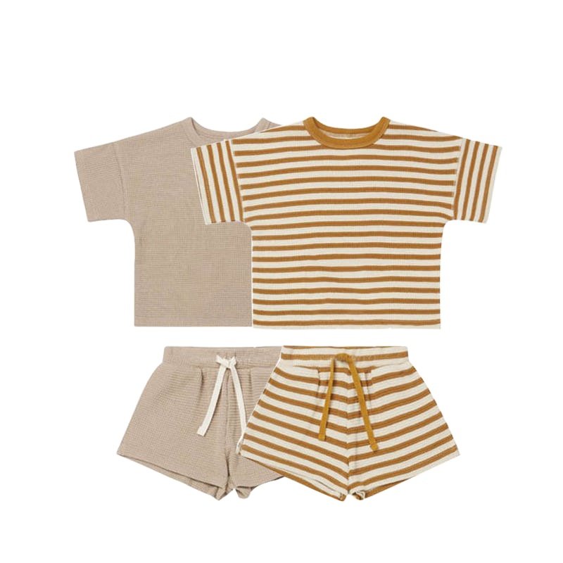 Summer boy children clothing short sleeve shorts 2Pcs set striped waffle cotton baby clothing set