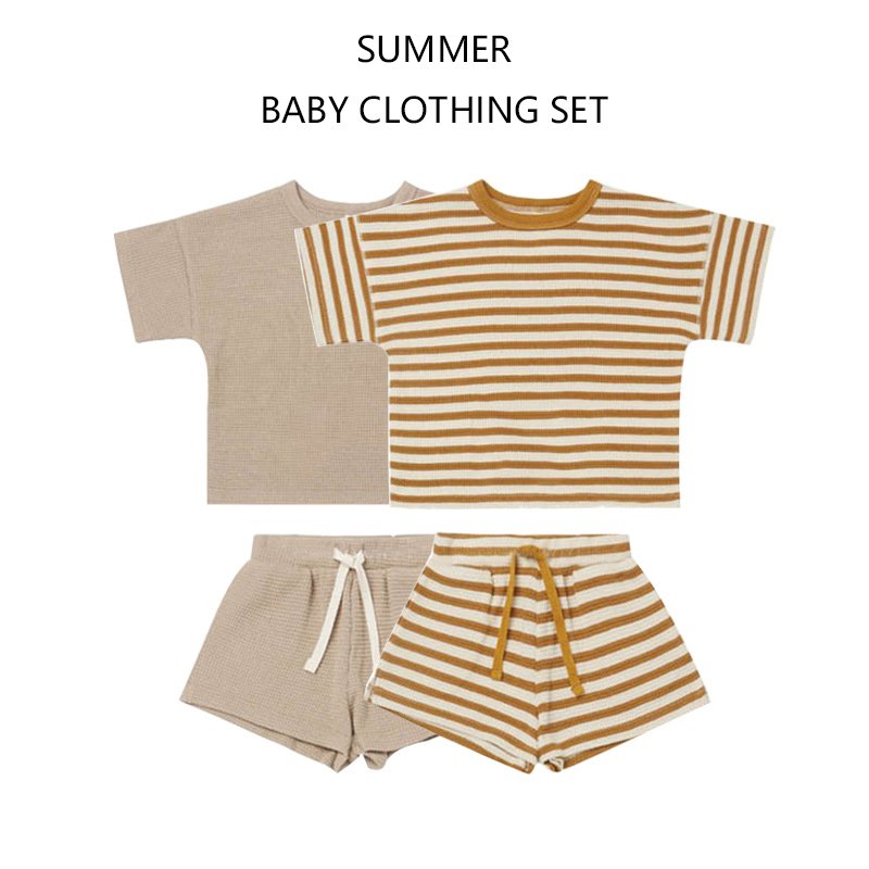 newborn summer waffle top infant cotton short sleeved T-shirt toddle stripe clothes baby boy clothing sets