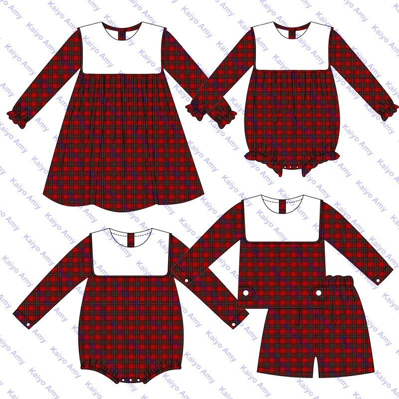 Bib collared christmas outfits baby boy clothing set red flannel tartan sibling matching toddler girls clothing sets