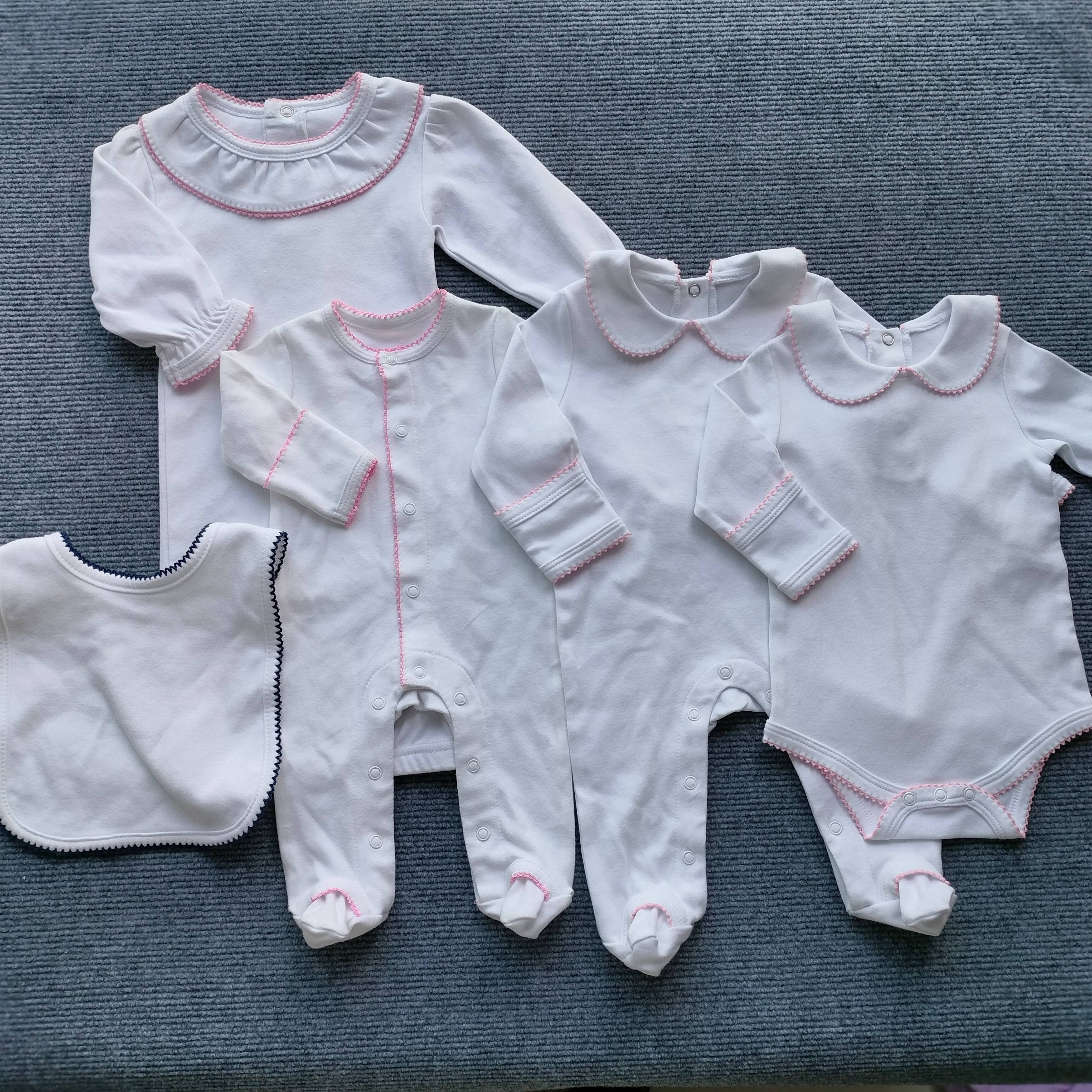 Picot Trim Baby Custom solid Newborn Baby Outfit Solid cotton Long Sleeve Footie Picot Baby Rompers