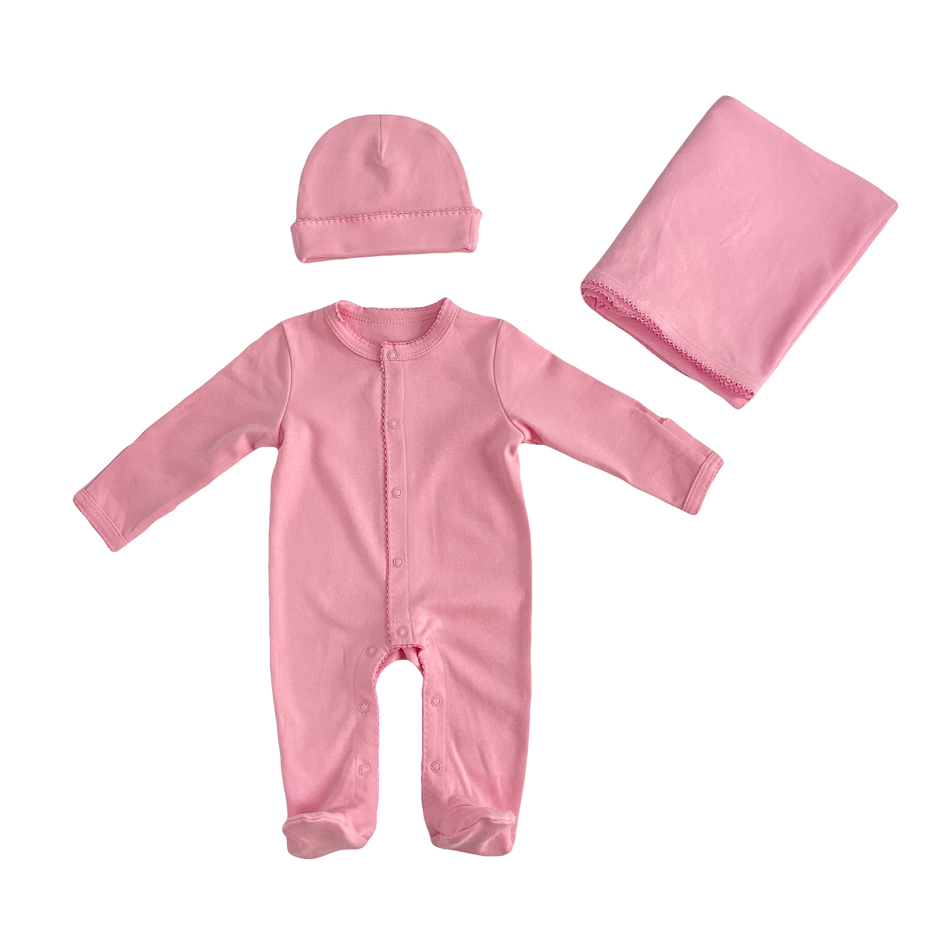 Picot Trim Baby Custom solid Newborn Baby Outfit Solid cotton Long Sleeve Footie Picot Baby Rompers