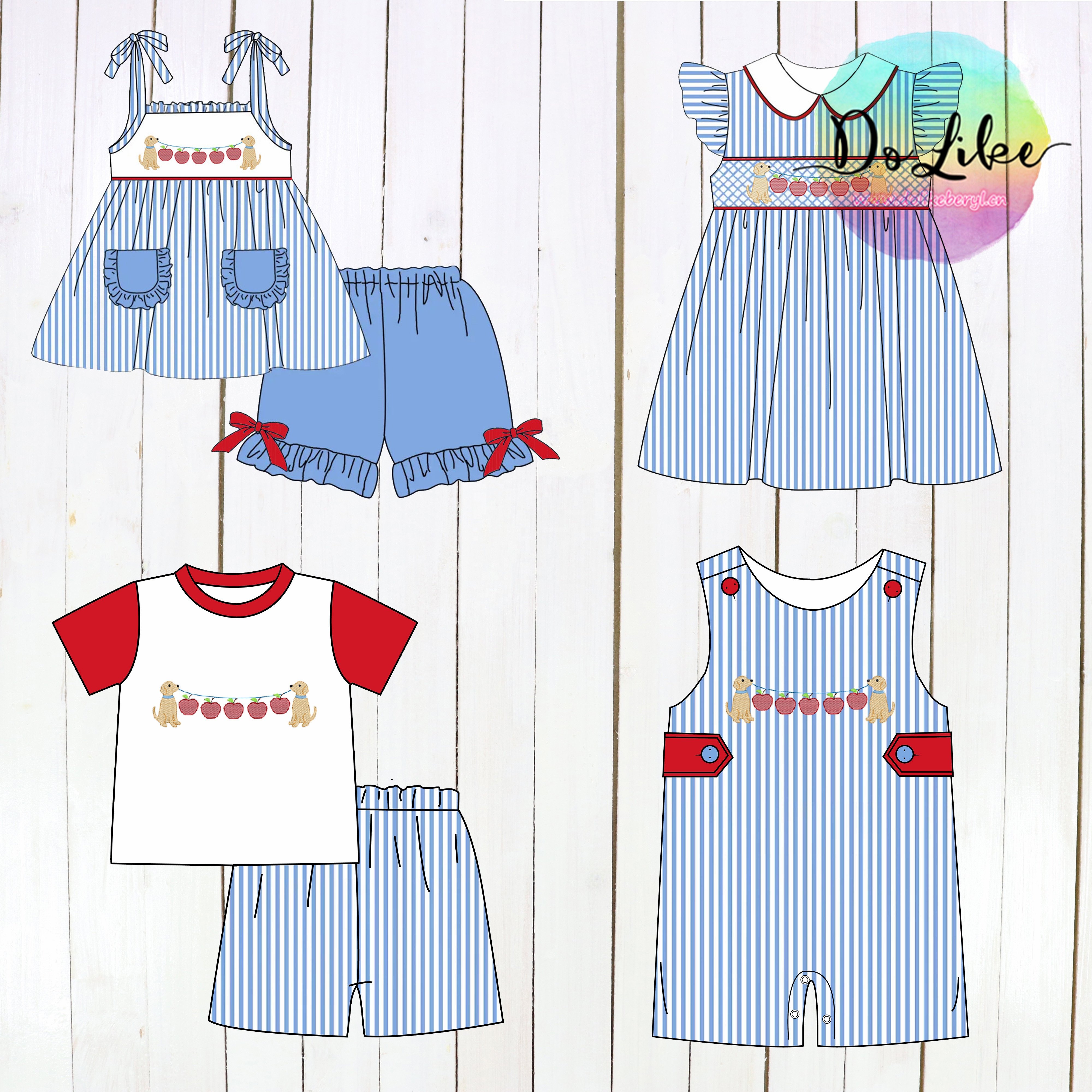 Stripes children's clothes BACK TO SCHOOL Applique baby girls dresses Apple embroidery boys clothing sets