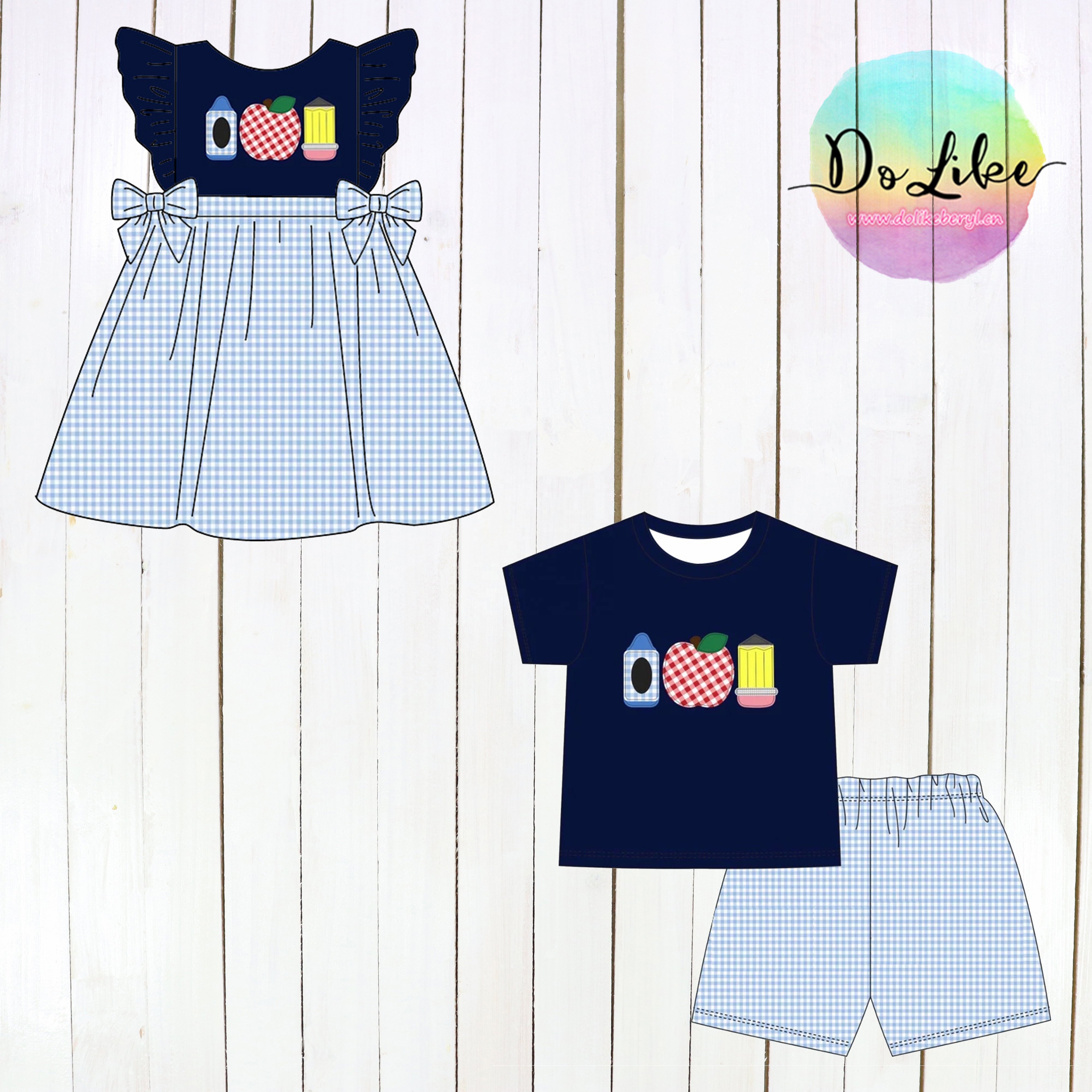 Stripes children's clothes BACK TO SCHOOL Applique baby girls dresses Apple embroidery boys clothing sets