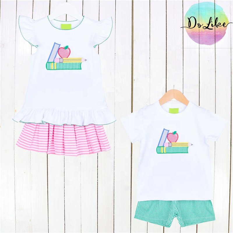 Stripes children's clothes BACK TO SCHOOL Applique baby girls dresses Apple embroidery boys clothing sets