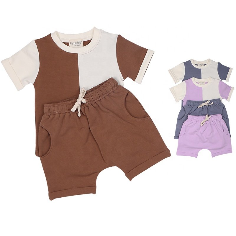 Unisex Short Sleeve Organic Cotton Baby Boys Girls Clothing T-shirts Sets Summer Kids Clothing Two Pieces Splicing Custom Logo