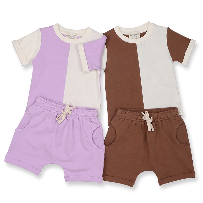 Unisex Short Sleeve Organic Cotton Baby Boys Girls Clothing T-shirts Sets Summer Kids Clothing Two Pieces Splicing Custom Logo