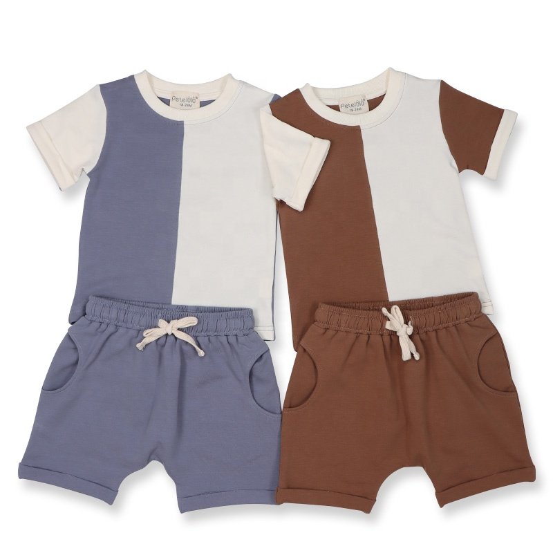 Unisex Short Sleeve Organic Cotton Baby Boys Girls Clothing T-shirts Sets Summer Kids Clothing Two Pieces Splicing Custom Logo