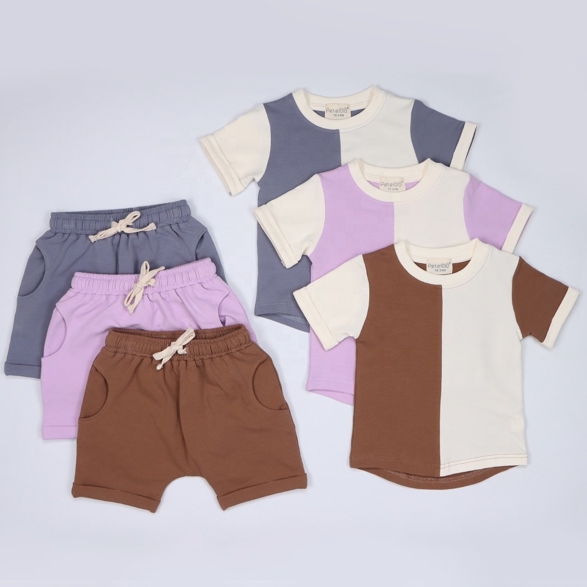 Unisex Short Sleeve Organic Cotton Baby Boys Girls Clothing T-shirts Sets Summer Kids Clothing Two Pieces Splicing Custom Logo