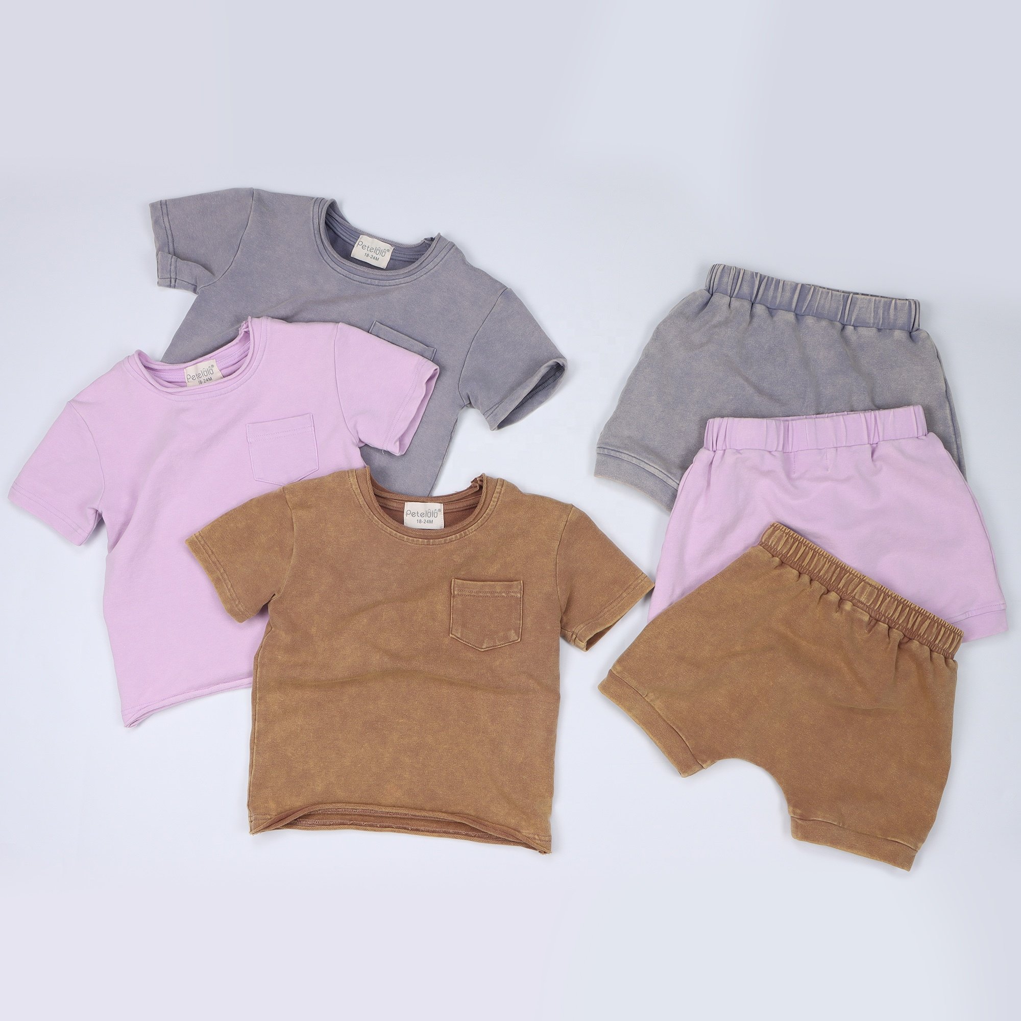 GOTS Certified Organic Cotton Short Sleeve Boys Clothing Set Solid Children Clothes Set Vintage Baby Clothing Set With Porket