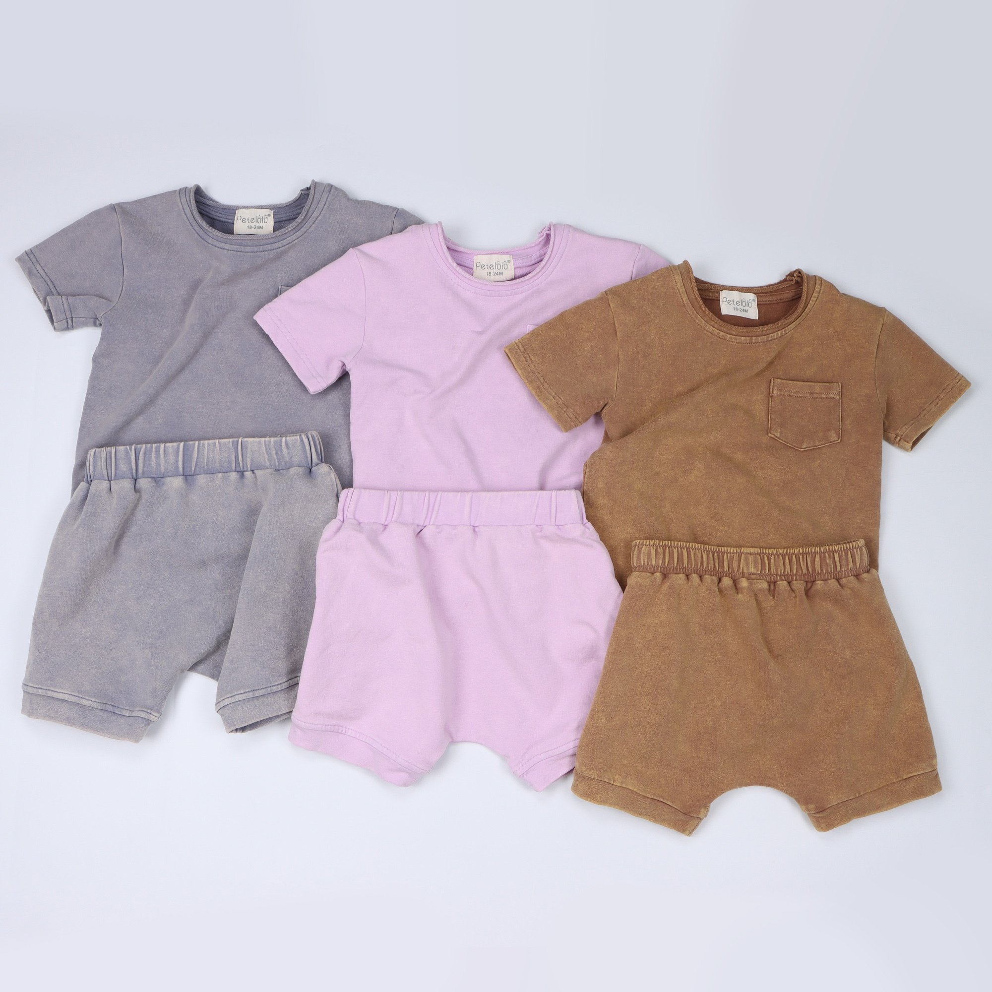 GOTS Certified Organic Cotton Short Sleeve Boys Clothing Set Solid Children Clothes Set Vintage Baby Clothing Set With Porket