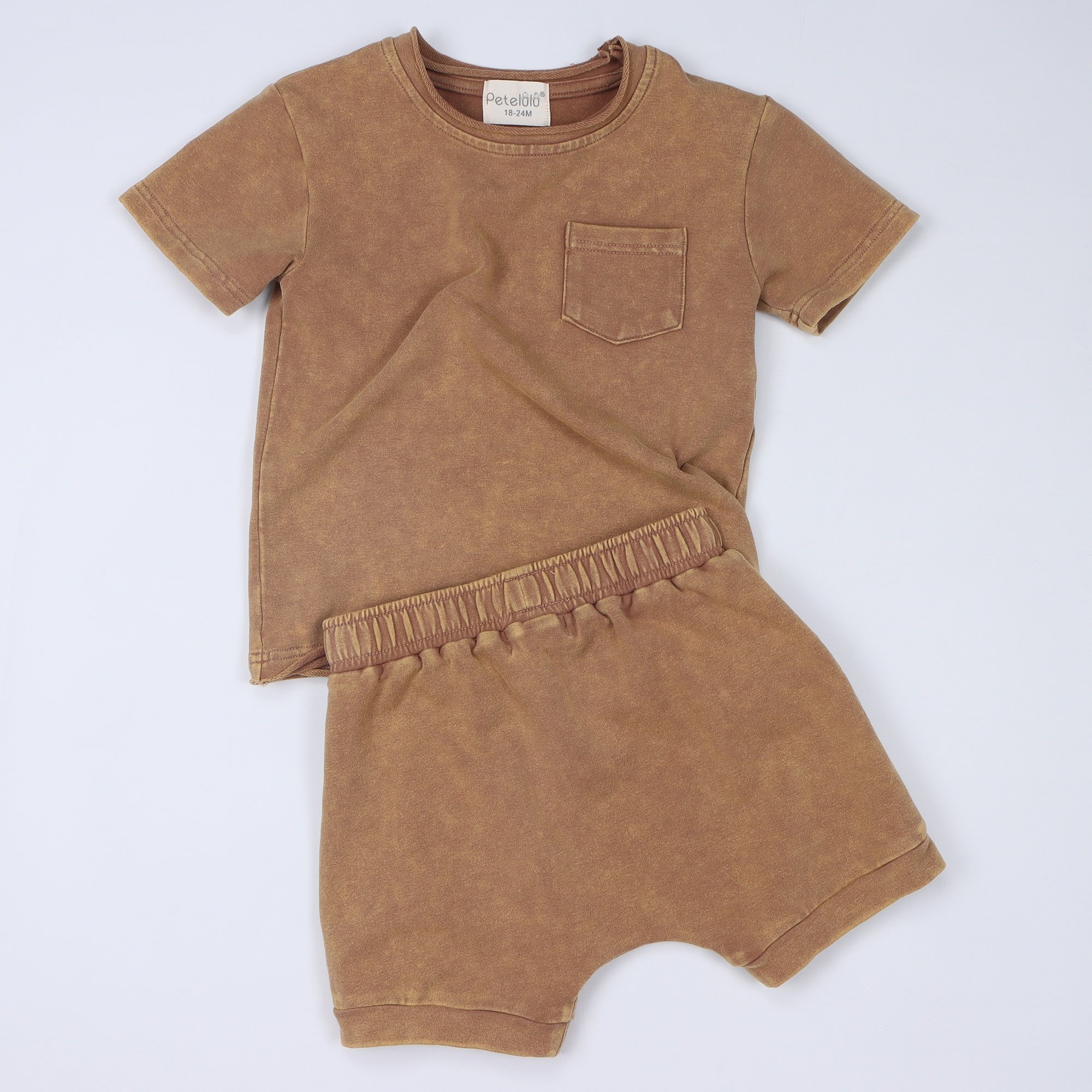 GOTS Certified Organic Cotton Short Sleeve Boys Clothing Set Solid Children Clothes Set Vintage Baby Clothing Set With Porket