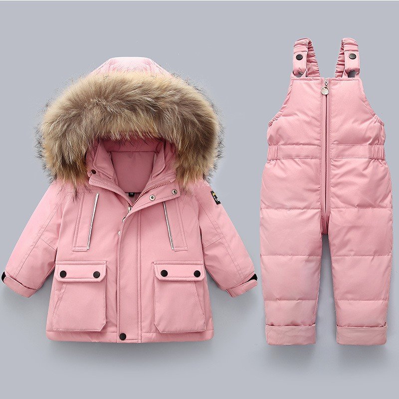 Wholesale Duck Down Hooded Jacket +Bib Pants 2 Pieces Infant and Toddler Baby Boys/Girls Snowsuit Winter Baby Clothing Set