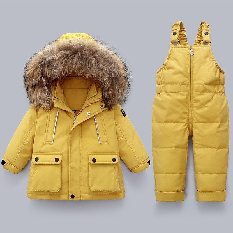 Wholesale Duck Down Hooded Jacket +Bib Pants 2 Pieces Infant and Toddler Baby Boys/Girls Snowsuit Winter Baby Clothing Set