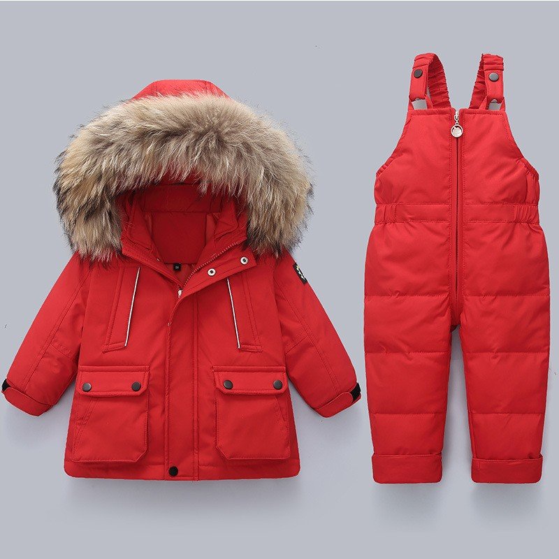 Wholesale Duck Down Hooded Jacket +Bib Pants 2 Pieces Infant and Toddler Baby Boys/Girls Snowsuit Winter Baby Clothing Set