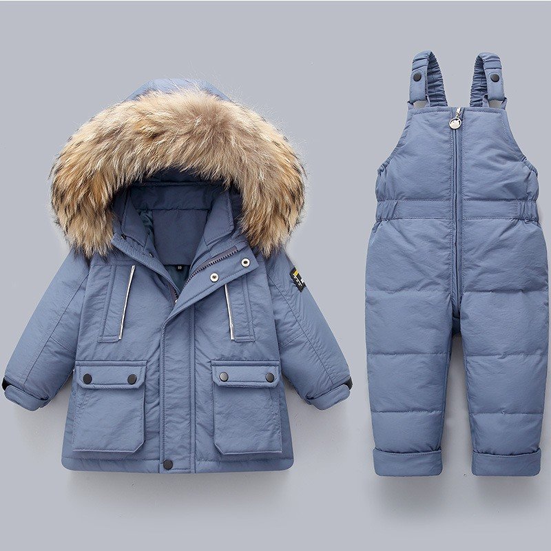 Wholesale Duck Down Hooded Jacket +Bib Pants 2 Pieces Infant and Toddler Baby Boys/Girls Snowsuit Winter Baby Clothing Set