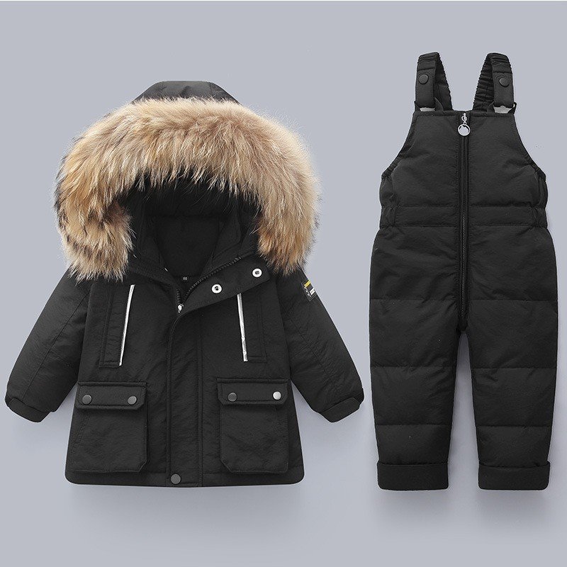 Wholesale Duck Down Hooded Jacket +Bib Pants 2 Pieces Infant and Toddler Baby Boys/Girls Snowsuit Winter Baby Clothing Set