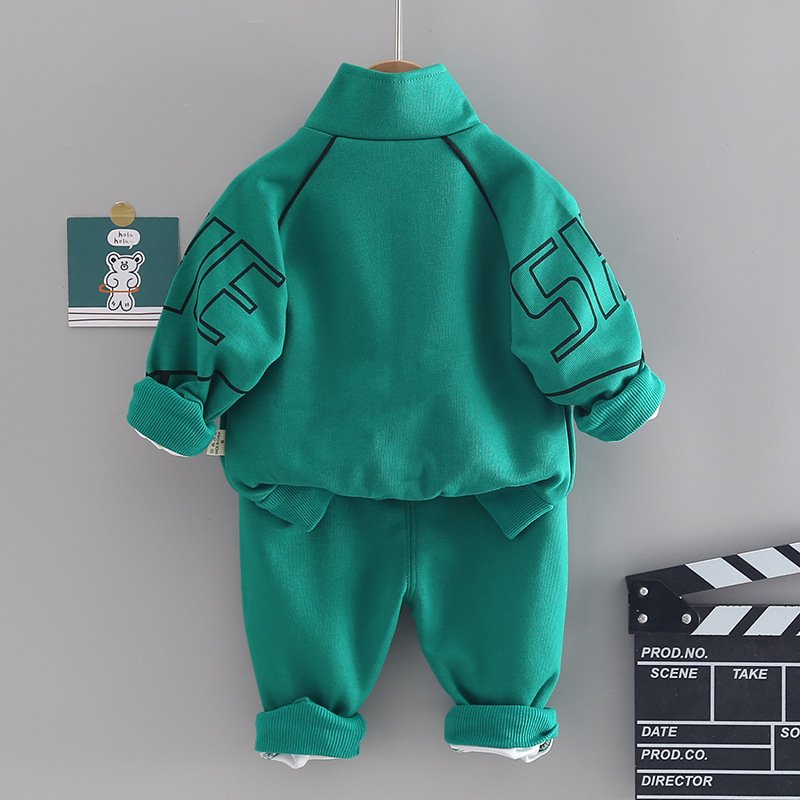 Autumn Boys' Letter Collar Two-Piece Suit with Short Sleeves Handsome New Baby Print Casual Clothing Spring Autumn Foreign Tide