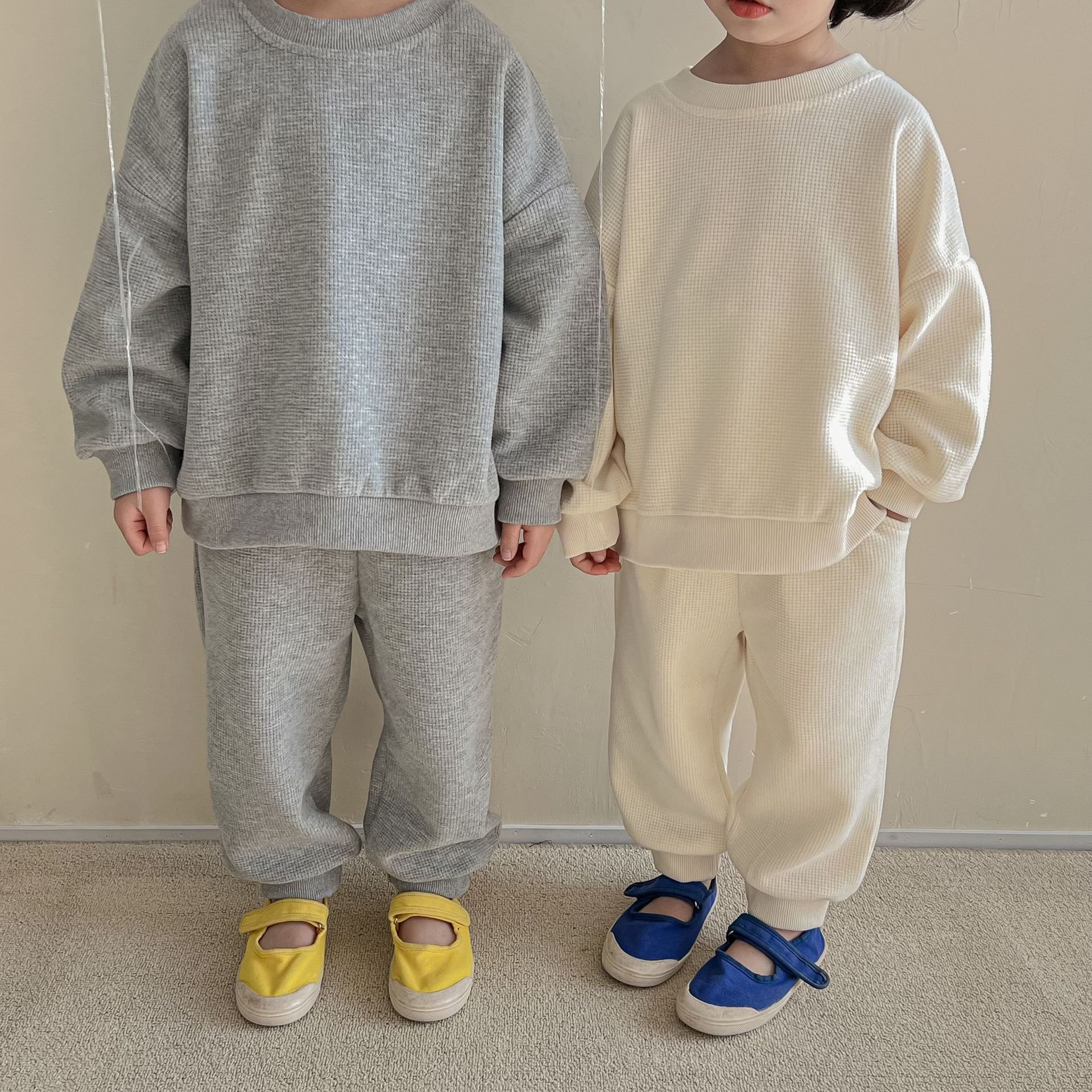 Spring new children's waffle sweater set baby solid color casual two-piece set boy clothing sets