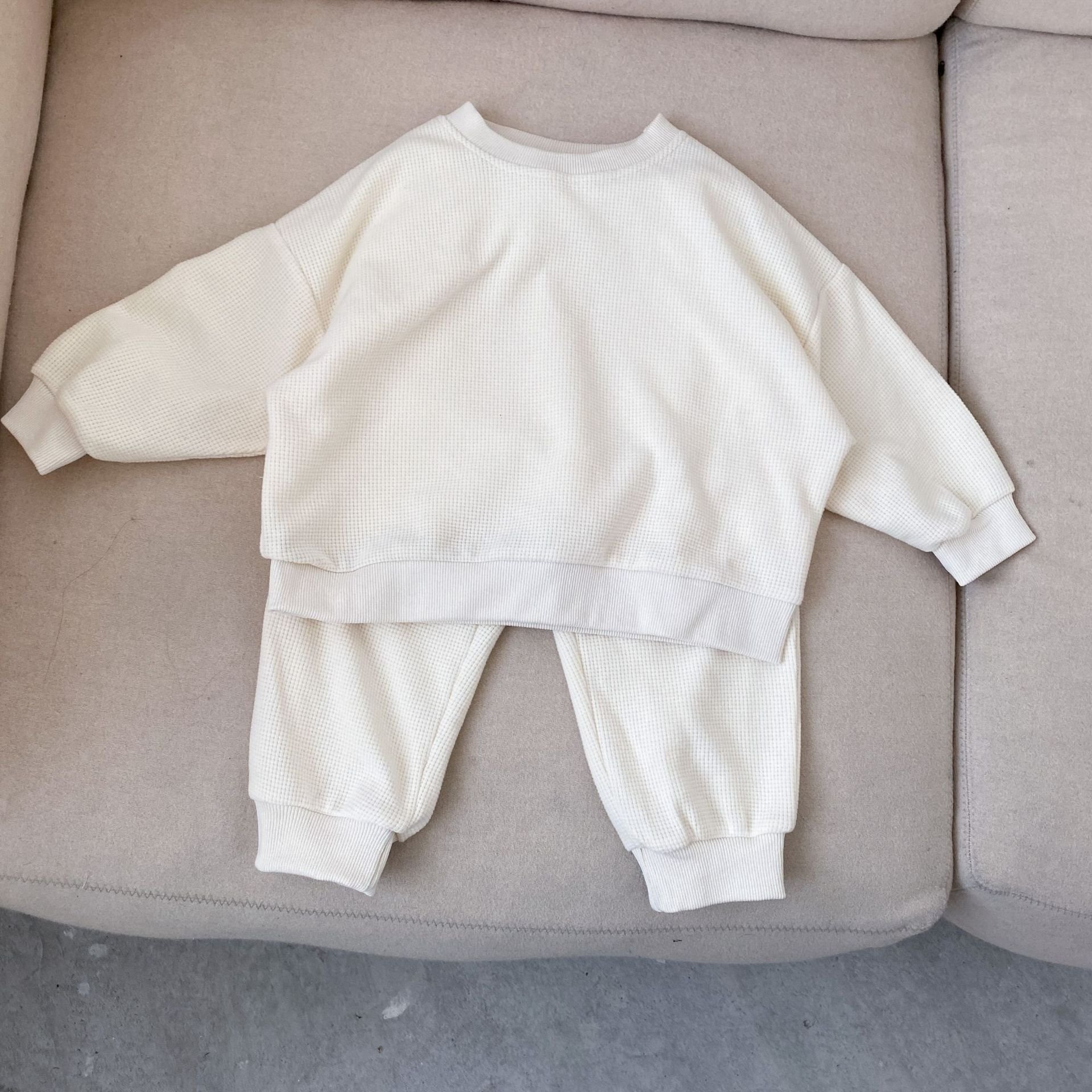 Spring new children's waffle sweater set baby solid color casual two-piece set boy clothing sets