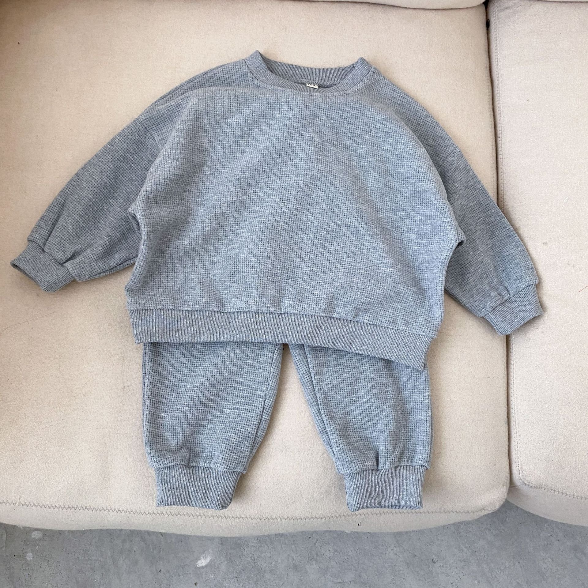 Spring new children's waffle sweater set baby solid color casual two-piece set boy clothing sets