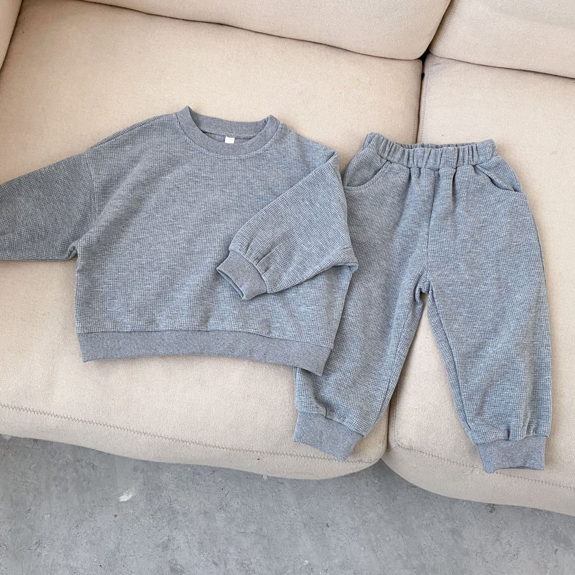 Spring new children's waffle sweater set baby solid color casual two-piece set boy clothing sets
