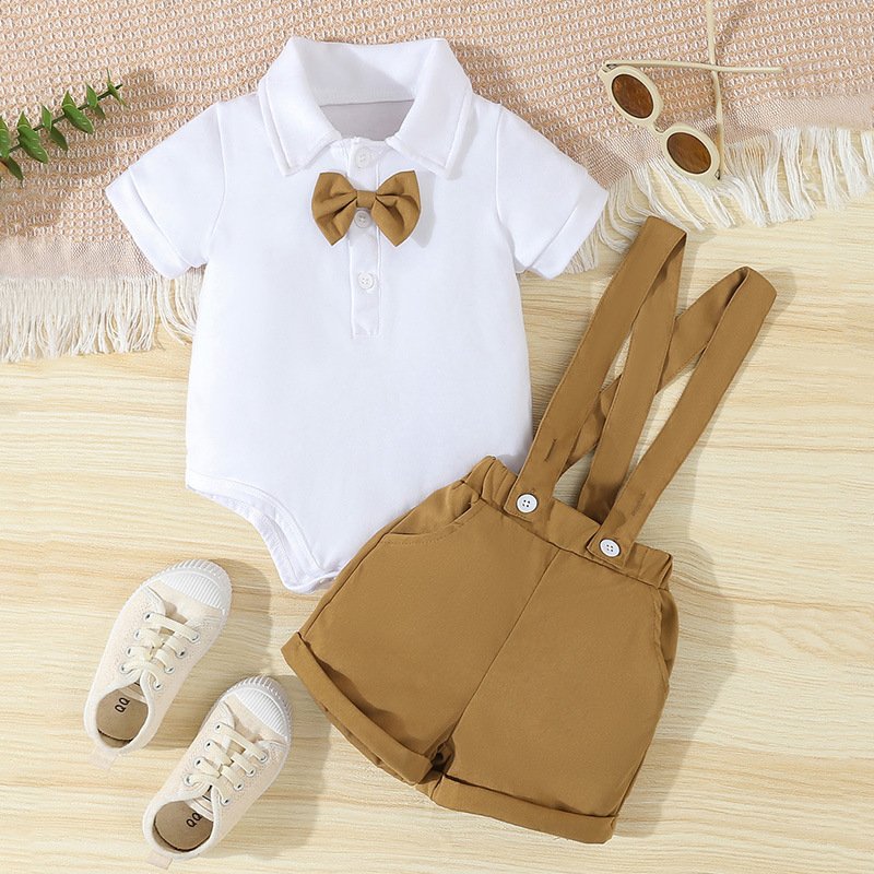 Summer boy suit baby gentleman dress bow tie romper short-sleeved jumpsuit overalls shorts two-piece suit