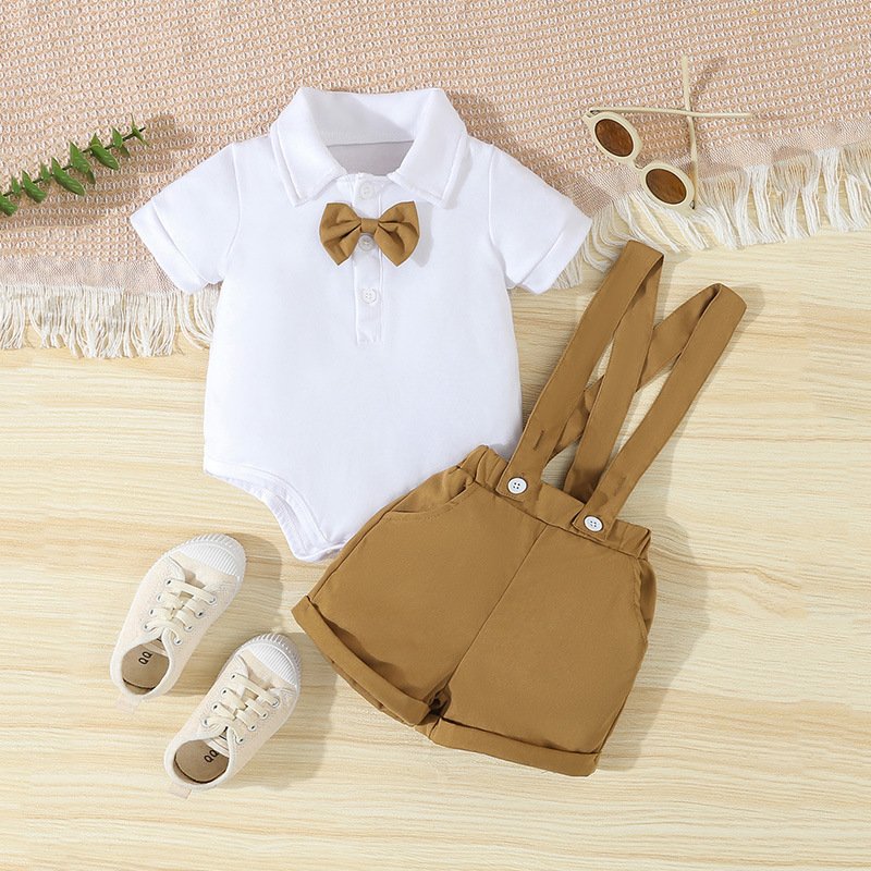 Summer boy suit baby gentleman dress bow tie romper short-sleeved jumpsuit overalls shorts two-piece suit